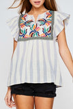 Blue Striped Flutter Sleeve Embroidered Top