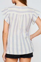 Blue Striped Flutter Sleeve Embroidered Top